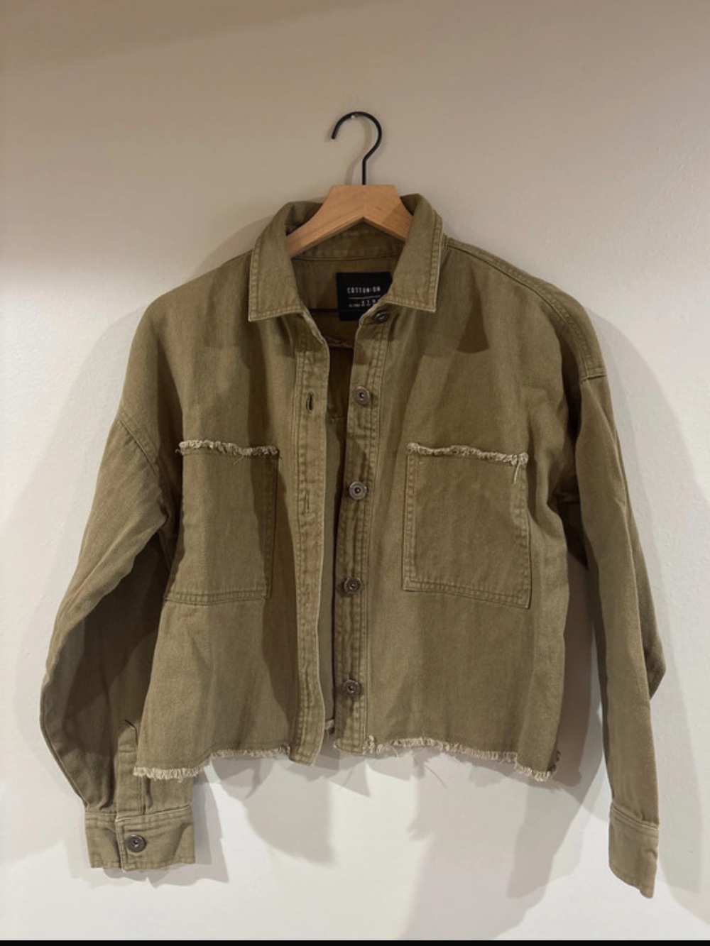 Cotton On Denim crop khaki green jacket size 6